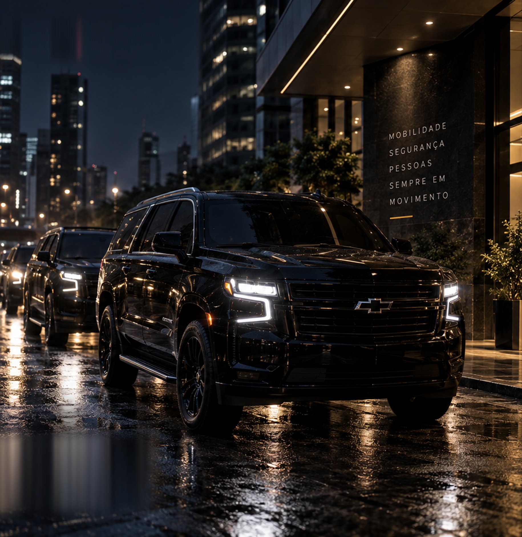 Frota de SUVs executivos pretos diante de um prédio corporativo à noite